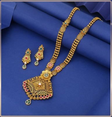 Divine Jewellery 92.5 Silver Gold Plated Long Necklace Set with Earrings – Antique Floral Temple Pendant Meenakari Design