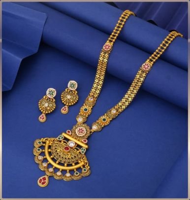Divine Jewellery 92.5 Silver Gold Plated Long Necklace Set with Earrings – Antique Circular Temple Pendant Meenakari Design