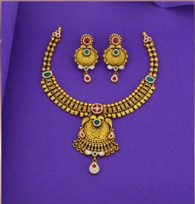 Divine Jewellery 92.5 Silver Gold Plated Choker Necklace Set with Earrings – Antique Round Temple Pendant Meenakari Design