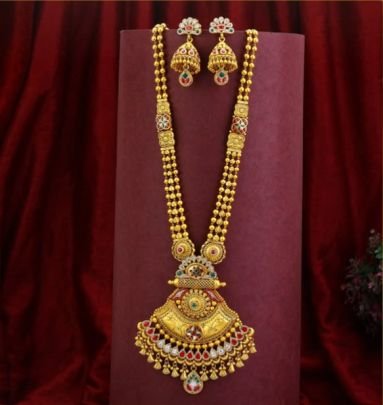 Divine Jewellery 92.5 Silver Gold Plated Long Necklace Set with Earrings – Antique Grand Temple Pendant Meenakari Design