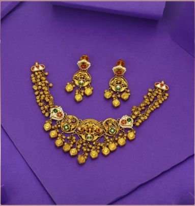 Divine Jewellery 92.5 Silver Gold Plated Choker Necklace Set with Earrings – Antique Multi Coin Temple Meenakari Design