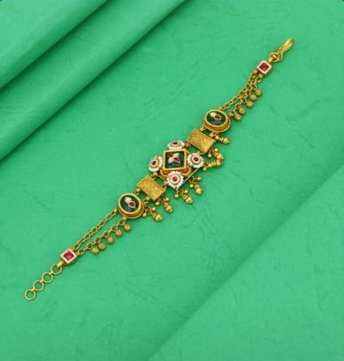 Divine Jewellery 92.5 Silver Gold Plated Antique Meenakari Bracelet with Hanging Charm Detailing