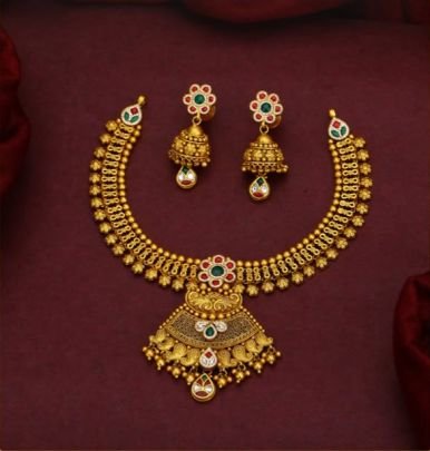 Divine Jewellery 92.5 Silver Gold Plated Antique Bridal Necklace Set with Meenakari Pendant & Jhumka Earrings