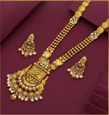 Divine Jewellery 92.5 Silver Gold Plated Antique Temple Necklace Set with Pearl Drop Pendant & Jhumka Earrings