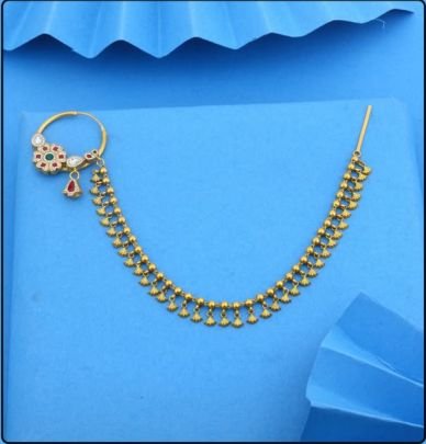 Divine Jewellery 92.5 Silver Gold Plated Antique Nose Ring with Chain (Nathdi) with Ghungroo Drops