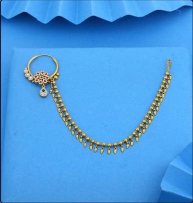 Divine Jewellery 92.5 Silver Gold Plated Nath with Chain | Traditional Bridal Nose Ring (Nathni) with Side Chain