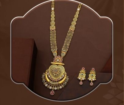 Divine Jewellery 92.5 Silver Gold Plated Long Necklace Set with Earrings | Traditional Bridal Heart Pendant Jewellery Set for Women