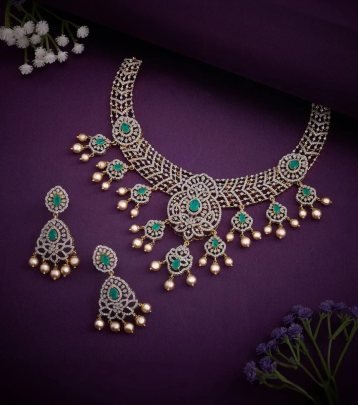 Divine Jewellery 92.5 Silver Gold Plated Green Stone Bridal Choker Necklace Set with Earrings | Premium Designer Wedding Jewellery