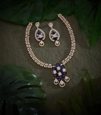 Divine Jewellery 92.5 Silver Gold Plated Blue Stone Necklace Set with Earrings | Elegant Designer Party Wear Jewellery for Women