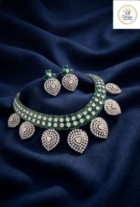 Divine Jewellery 92.5 Silver Gold Plated Green Stone Choker Necklace Set with CZ Work | Premium Designer Party & Bridal Wear Jewellery