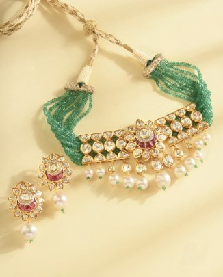 Divine Jewellery 92.5 Silver Gold Plated Kundan Polki Choker Necklace Set with Green Beads & Pearl Drops | Traditional Bridal Jewellery