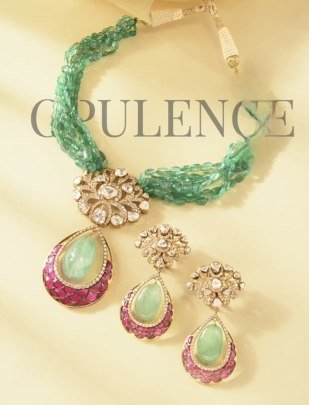 Divine Jewellery 92.5 Silver Gold Plated Green Beaded Necklace Set with Kundan Polki Pendant & Pink Meenakari Teardrop Earrings