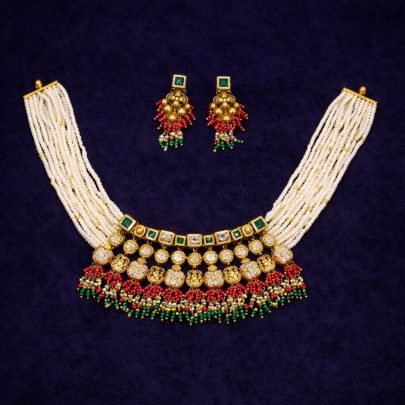 Divine Jewellery 92.5 Silver Gold Plated Multi-Layer Pearl Choker Necklace Set with Kundan Polki, Green Stones & Temple Design