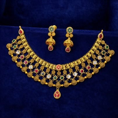 Divine Jewellery 92.5 Silver Gold Plated Temple Choker Necklace Set with Multi-Color Stones, Filigree Work & Jhumka Earrings