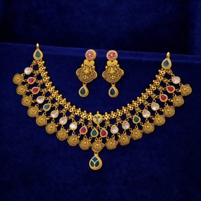 Divine Jewellery 92.5 Silver Gold Plated Temple Choker Necklace Set with Multi-Color Kundan Stones, Lakshmi Motifs & Statement Earrings