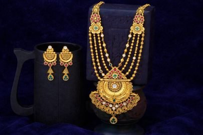 Divine Jewellery 92.5 Silver Gold Plated Long Temple Necklace Set with Multi-Layer Chains, Kundan Stones & Grand Statement Pendant