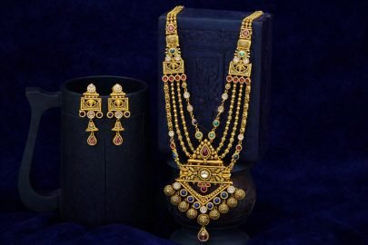 Divine Jewellery 92.5 Silver Gold Plated Multi-Layer Long Temple Necklace Set with Antique Finish, Kundan Stones & Statement Pendant