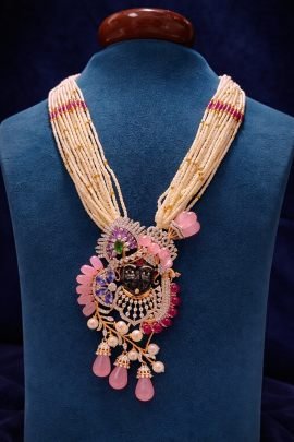 Divine Jewellery 92.5 Silver Gold Plated Multi-Strand Pearl Necklace with Designer Radha Krishna Pendant, Pink Stones & Pearl Drops