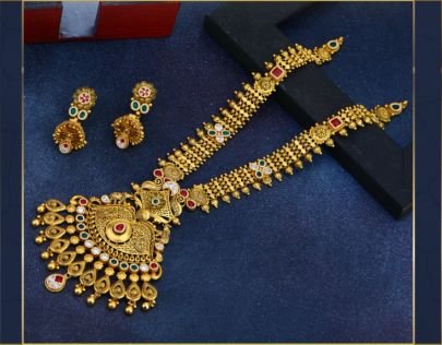 Divine Jewellery 92.5 Silver Gold Plated Long Temple Necklace Set with Lakshmi Pendant, Kundan Stones & Traditional Jhumka Earrings
