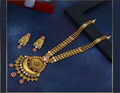 Divine Jewellery 92.5 Silver Gold Plated Temple Long Necklace Set with Antique Crescent Pendant, Kundan Stones & Traditional Earrings