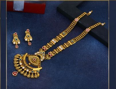 Divine Jewellery 92.5 Silver Gold Plated Antique Temple Long Necklace Set with Crescent Pendant, Multi-Color Kundan Stones & Designer Earrings