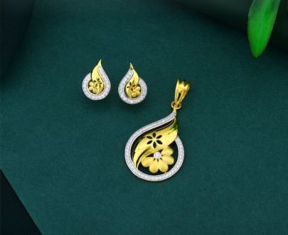 Divine Jewellery 92.5 Silver Gold Plated Floral Teardrop Pendant Set with CZ Stones & Matching Earrings