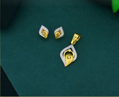 Divine Jewellery 92.5 Silver Gold Plated Pendant Set with Abstract Leaf Design, CZ Stones & Matching Stud Earrings