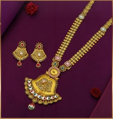 Divine Jewellery 92.5 Silver Gold Plated Temple Long Necklace Set with Antique Pendant, Kundan Stones & Designer Earrings