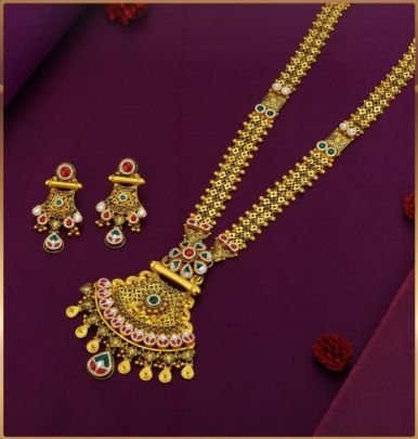 Divine Jewellery 92.5 Silver Gold Plated Temple Long Necklace Set with Antique Fan Pendant, Kundan Stones & Designer Earrings