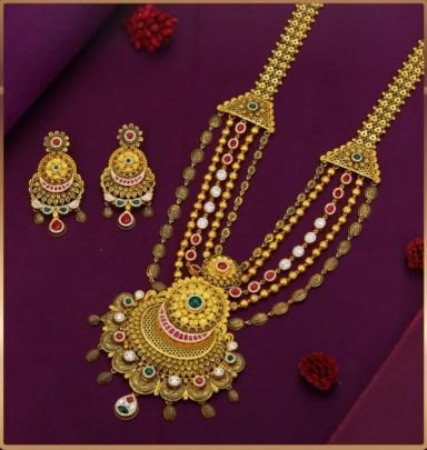 Divine Jewellery 92.5 Silver Gold Plated Multi-Layer Temple Long Necklace Set with Antique Circular Pendant, Kundan Stones & Designer Earrings