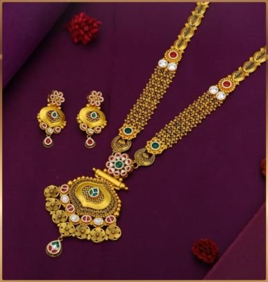 Divine Jewellery 92.5 Silver Gold Plated Temple Long Necklace Set with Antique Pendant, Coin Detailing & Kundan Stone Earrings