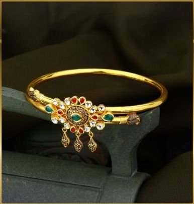 Divine Jewellery 92.5 Silver Gold Plated Temple Kada Bracelet with Kundan Floral Motif, Red Green Stones & Hanging Drops