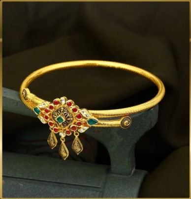Divine Jewellery 92.5 Silver Gold Plated Temple Kada Bracelet with Antique Square Motif, Kundan Stones & Drop Charms