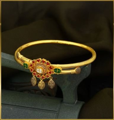 Divine Jewellery 92.5 Silver Gold Plated Temple Kada Bracelet with Heart Floral Motif, Kundan Stones & Hanging Drops