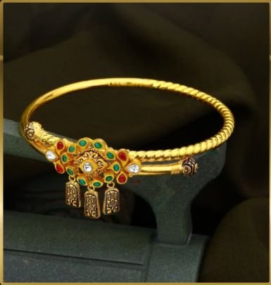 Divine Jewellery 92.5 Silver Gold Plated Temple Kada Bracelet with Oval Floral Motif, Multi Kundan Stones & Antique Drops