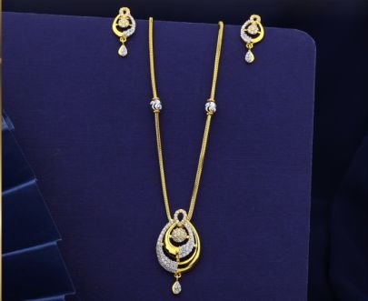 Divine Jewellery 92.5 Silver Gold Plated Pendant Set with American Diamond Stones, Layered Oval Design Necklace with Earrings