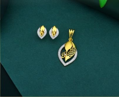 Divine Jewellery 92.5 Silver Gold Plated Pendant Set with Dual Tone Leaf Design, American Diamond Border & Matching Earrings
