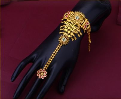 Divine Jewellery 92.5 Silver Gold Plated Temple Pocha (Haath Pocha) with Floral Motif, Kundan Stones & Antique Bridal Design