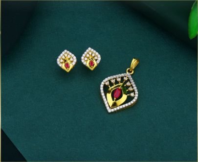 Divine Jewellery 92.5 Silver Gold Plated Pendant Set with Red Stone & American Diamond Work (Pendant with Earrings)