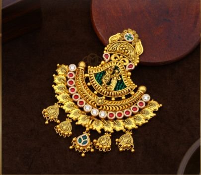 Divine Jewellery 92.5 Silver Gold Plated Temple Pendant with Lakshmi Design, Kundan Stones & Antique Bridal Finish