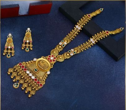 Divine Jewellery 92.5 Silver Gold Plated Temple Long Necklace Set with Kundan Stones, Antique Pendant & Matching Earrings