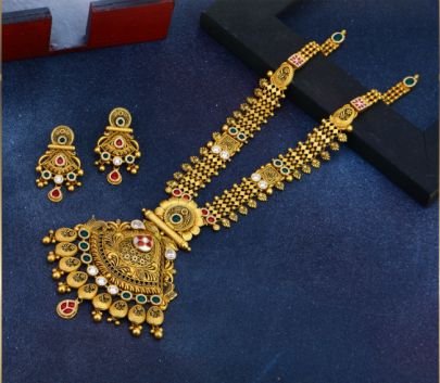 Divine Jewellery 92.5 Silver Gold Plated Temple Long Necklace Set with Coin Motif Pendant, Kundan Stones & Antique Finish