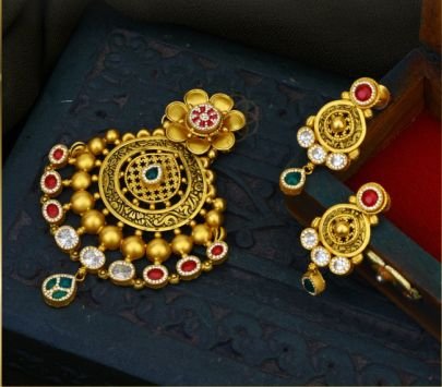 Divine Jewellery 92.5 Silver Gold Plated Temple Pendant Set with Floral Design, Kundan Stones & Antique Finish