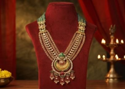 Divine Jewellery 92.5 Silver Gold Plated Bridal Temple Necklace Set with Green Stones, Pearl Layers & Jhumka Earrings