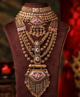 Divine Jewellery 92.5 Silver Gold Plated Bridal Layered Necklace Set with Temple Choker, Multi Layer Chains, Kundan Stones & Heavy Antique Pendant