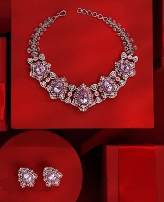 Divine Jewellery 92.5 Silver Rose Gold Plated Pink Stone Necklace Set with Earrings | Designer Party Wear Jewellery Set for Women