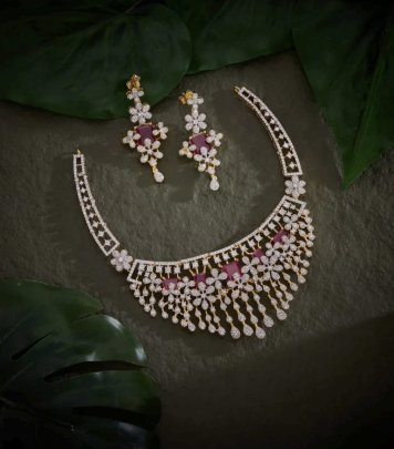 Divine Jewellery 92.5 Silver Rose Gold Plated Red Stone Necklace Set with Earrings | Designer Floral Party Wear Jewellery Set for Women