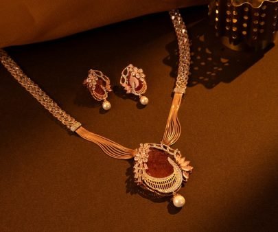 Divine Jewellery Amber Crystal Designer Pendant Necklace Set with Pearl Drop Earrings