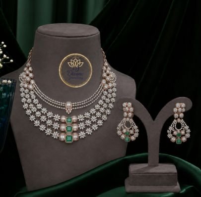Divine Jewellery American Diamond Necklace Set for Women, CZ Stone Choker Necklace with Matching Earrings, Emerald Green Bridal Wedding Jewelry Set
