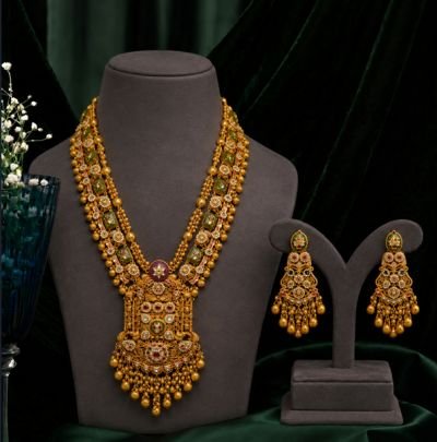 Divine Jewellery Antique Bridal Long Haram Necklace Set for Women | 92.5 Silver Gold Plated Traditional Multi Layer Necklace with Earrings